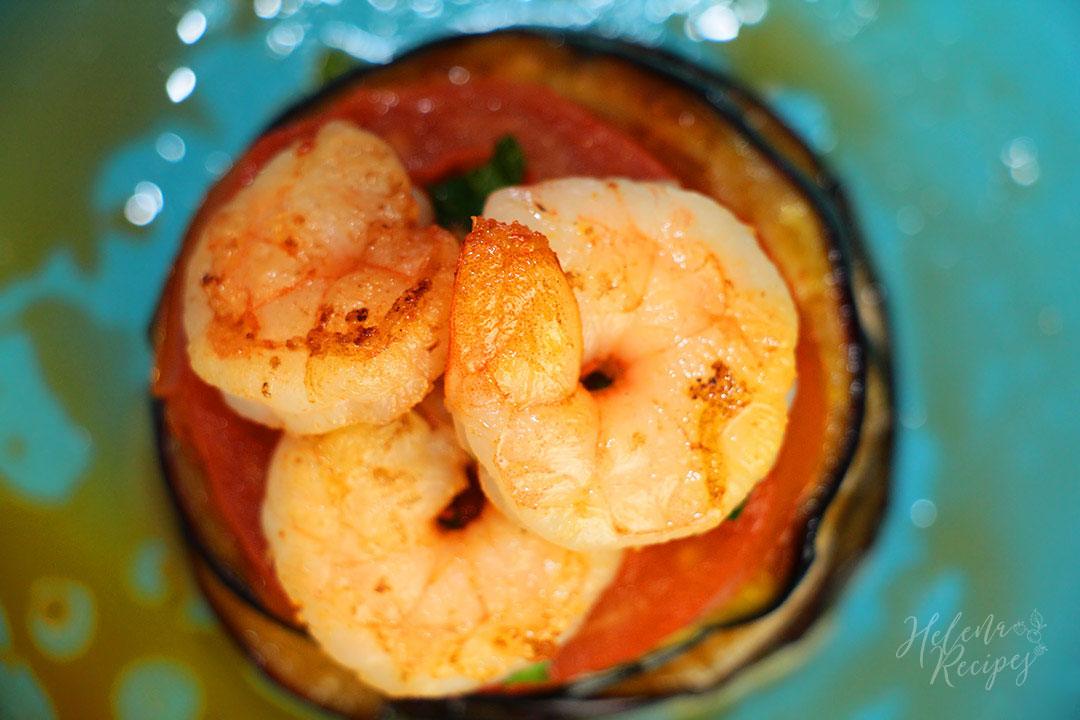 Shrimp Entrée with Eggplant and Tomatoes Photo