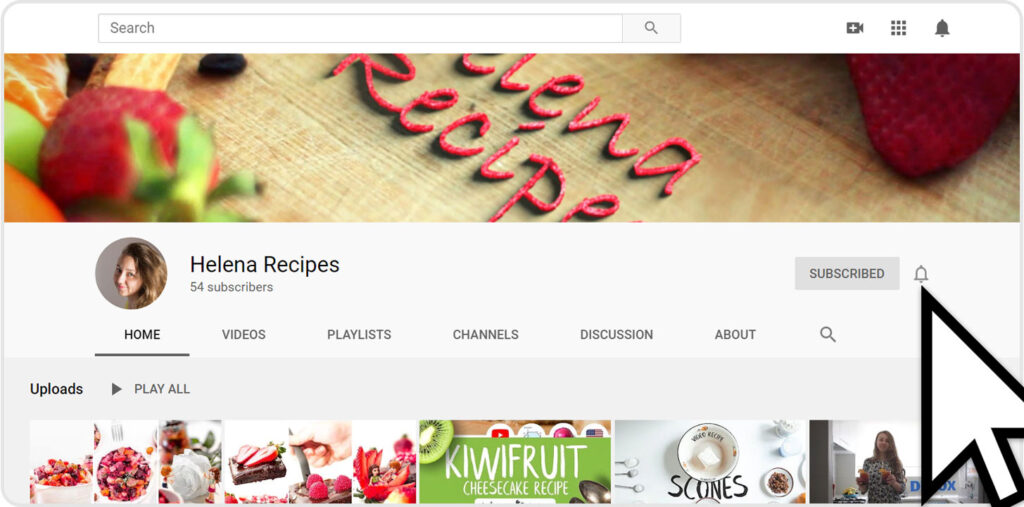 Subscribing to notifications from the Helena Recipes YouTube channel by clicking the bell button