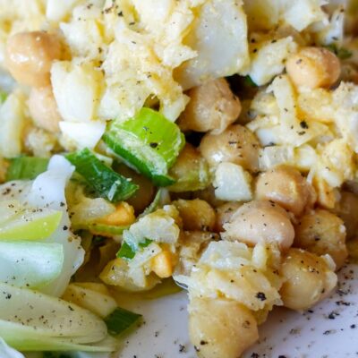 A closeup of delicious Chickpea Cod Salad on a plate
