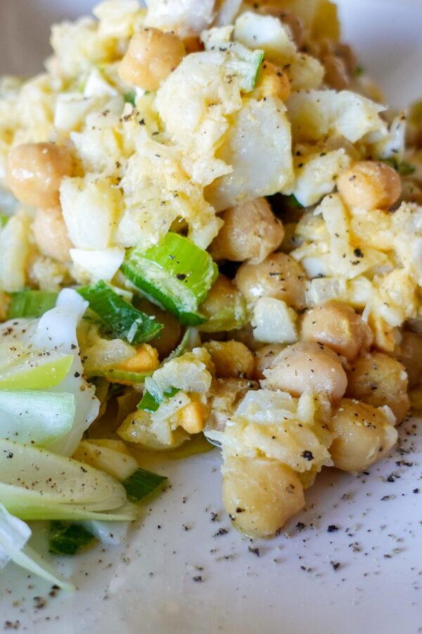 A closeup of delicious Chickpea Cod Salad on a plate