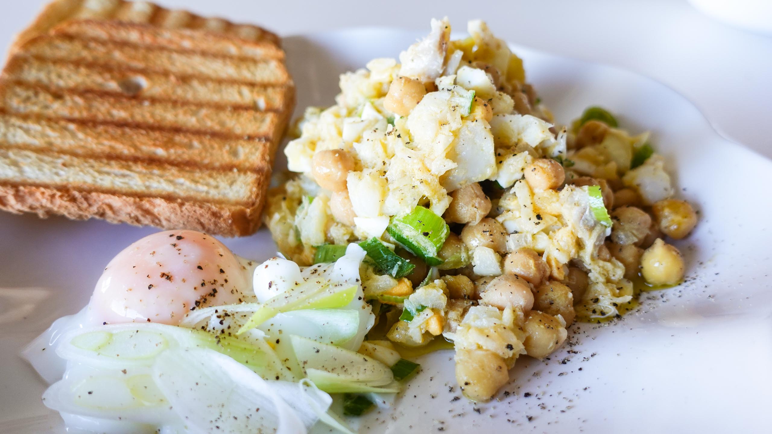 Chickpea Cod Salad with two crackers and one egg