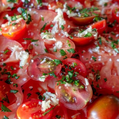 Garlic Tomato Salad on a plate