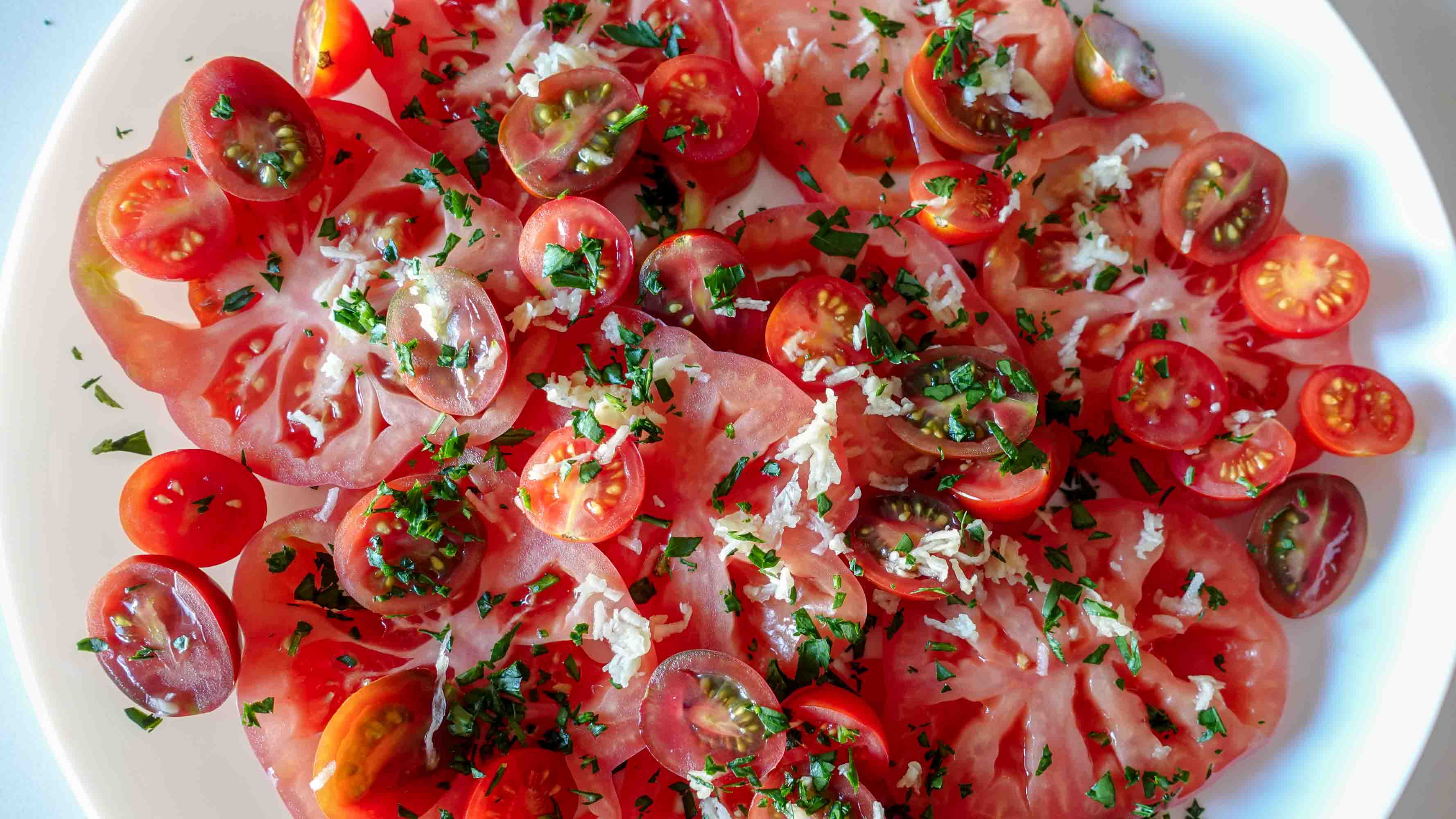 Garlic Tomato Salad on a plate.