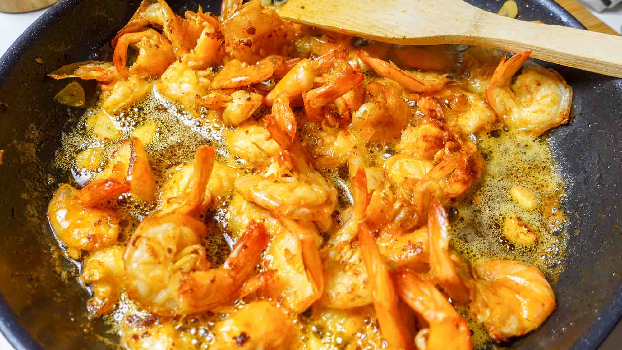Garlic Butter Shrimp in a skillet pan.